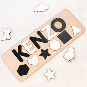 Personalized Name Puzzle with Black and White Shapes  Montessori Toys Baby Gift Easter Nursery Decor Wooden Toys Baby Shower Gift for Kids