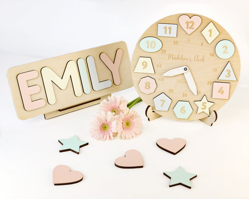 Personalized Wooden Name Clock with Shape Eastern Gift Puzzle Toys for Toddler Gift 1st Birthday Christmas Montessori Toy Baby Gift Boy Girl image 4