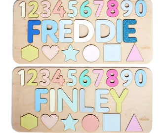 Personalized Name Puzzle With Pastel Shapes and Numbers Montessori Wooden Toys Baby Gift Nursery Baby Shower Kids Educational activity