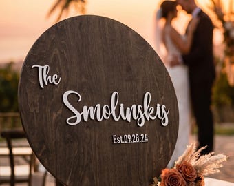 Wedding Guest Book Alternative Round Wooden Sign Personalized Last Name Reception Decor
