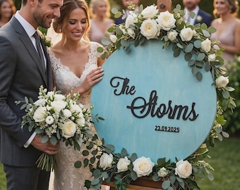 Round Wedding Guest Book Sign Personalized Wood Circle Last Name Sign In Board
