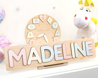 Wooden Baby Boy Girl Toddler Gift Name Puzzle Sign - Custom first birthday gift - Name Sign with Wooden letters  Personalized Gifts