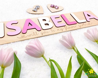 Will You Be My Flower Girl Personalized Name Puzzle With Pegs Handmade Montessori Toys Gift Nursery Wooden Decor Baby Shower Big 3.1"Letters