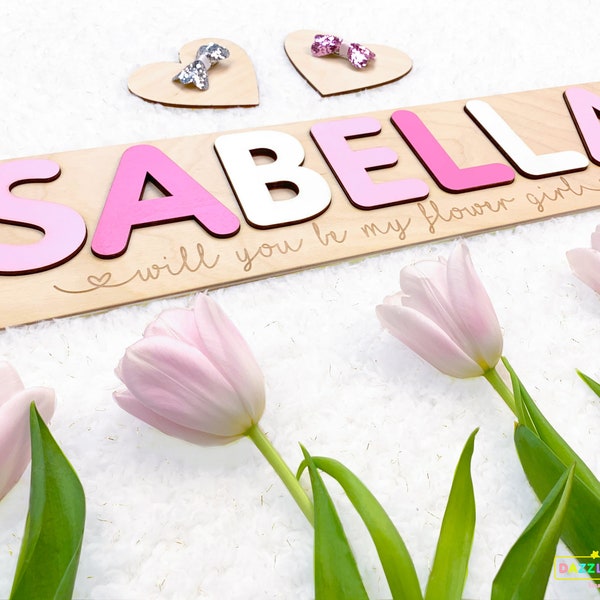 Will You Be My Flower Girl Personalized Name Puzzle With Pegs Handmade Montessori Toys Gift Nursery Wooden Decor Baby Shower Big 3.1"Letters