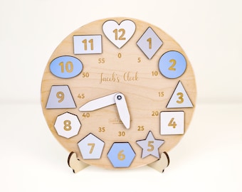 Horloge nominative en bois personnalisée avec formes, cadeau oriental pour tout-petit, premier 1er anniversaire, cadeau de bébé fille garçon, jouets de puzzle Montessori FR