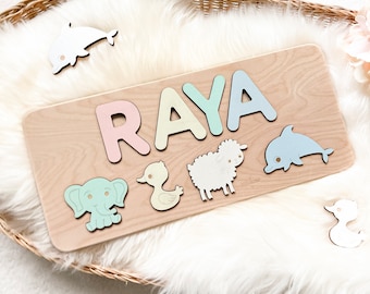 Animals Wooden Name Puzzle | Busy Board Puzzle | Toddler Toys | Baby Girl Gifts | Gift for Kids | Baby First Easter Present | Birthday Gift