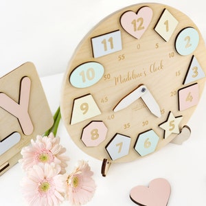 Personalized Wooden Name Clock with Shapes, Easter Gift, Puzzle Toys for Toddler, Gift 1st Birthday, Montessori Toy, Baby Gift Boy Girl US image 3