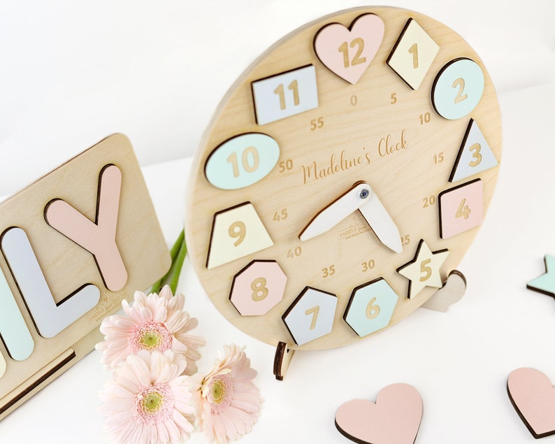 Personalized Wooden Name Clock with Shapes, Easter Gift, Puzzle Toys for Toddler, Gift 1st Birthday, Montessori Toy, Baby Gift Boy Girl US image 3