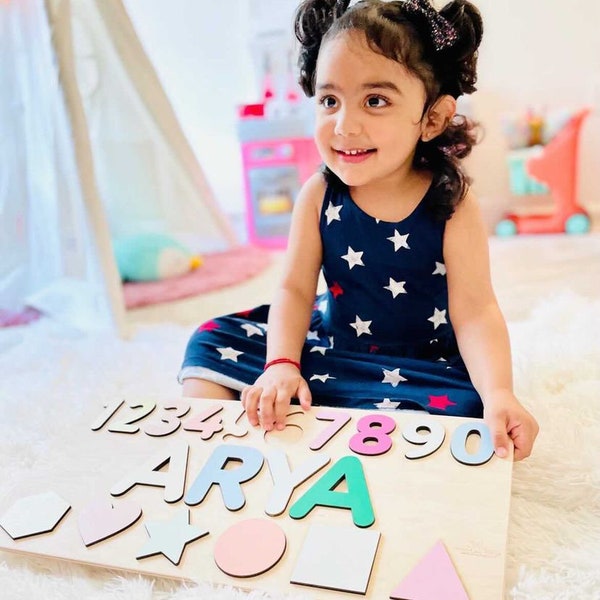 Baby Gift Boy Girl Name Puzzle Toddler Busy Board 1st Birthday Gift Personalized Wooden Name Puzzle Montessori Board