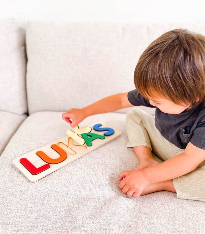 Personalized Name Puzzle With Pegs, New Baby Gift, Wooden Toys, Baby Shower Easter Gifts for Kids Wood Toddler First Birthday Toys LUKAS image 1