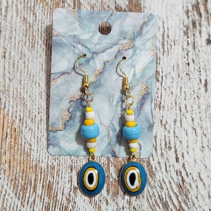 Protection Evil Eye Earrings | Blue & Yellow Beaded Dangles | Spiritual Jewelry | Maitri Moments