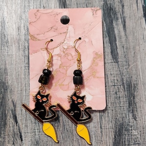 Black Cat on Broom Earrings | Halloween Witchy Dangle | Spooky Cute Jewelry