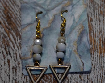 White Beaded Triangle Drop Earrings | Gold Geometric Dangles | Peaceful Jewelry for Her | Maitri Moments Intentional Gifts