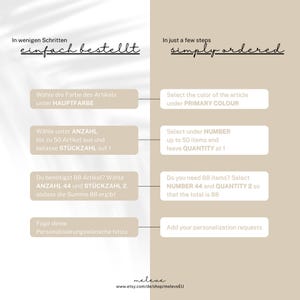 May include: A diagram with instructions on how to order items in a few simple steps. The instructions are written in both English and German. The diagram shows how to select the color, quantity, and number of items needed.