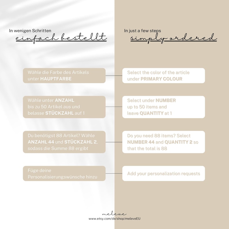 May include: A diagram with instructions on how to order items in a few simple steps. The instructions are written in both English and German. The diagram shows how to select the color, quantity, and number of items needed.