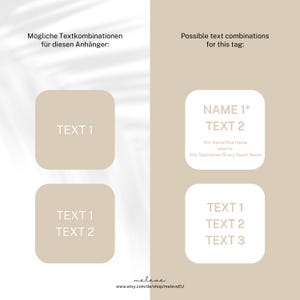 May include: A beige and white graphic showing two different text combinations for a tag. The first option is "NAME 1* TEXT 2" with the text "Ein Name/One Name oder/or Alle Gastnamer/Every Guest Name" below. The second option is "TEXT 1 TEXT 2 TEXT 3".