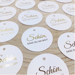 Ciondolo Bello che tu sia qui, oro, carta bianca, ciondolo regalo per gli ospiti, etichetta regalo matrimonio, ciondolo comunione, fatto a mano