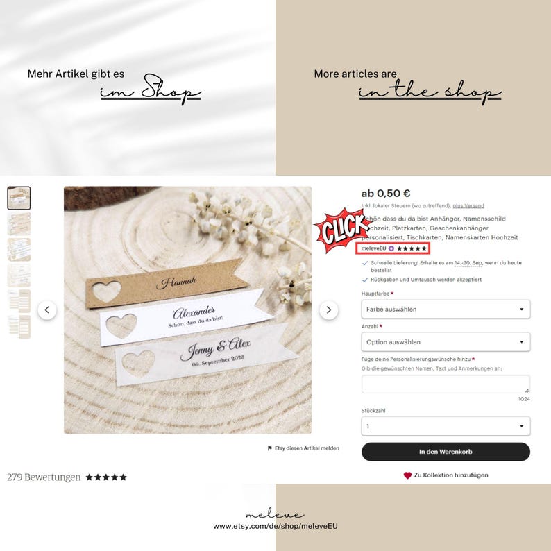 May include: A set of two brown and white paper place cards with a heart-shaped cutout. The place cards are decorated with the names "Hannah", "Alexander", and "Jenny & Alex" along with the date "06 September 2023".