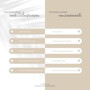 May include: A beige and white graphic with the text "This article is available on request" and "Diesen Artikel gibt es auf Anfrage" in black. The graphic lists customization options for a product, such as "as a sticker", "without hole punching", and "with customized graphic".