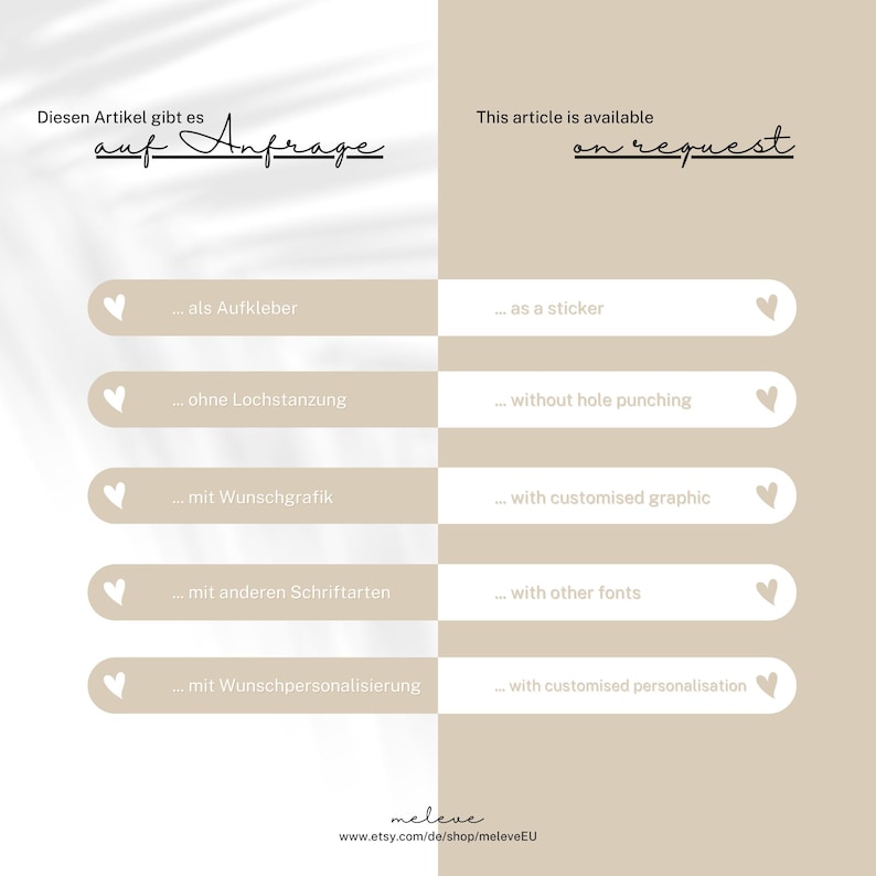 May include: A beige and white graphic with the text "This article is available on request" and "Diesen Artikel gibt es auf Anfrage" in black. The graphic lists customization options for a product, such as "as a sticker", "without hole punching", and "with customized graphic".