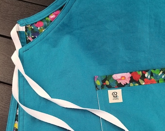 Cover Me In Bloom Cotton-Linen Blend, Linen Apron, Teal Blue Apron