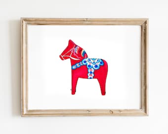 Dalahorse, Caballo de madera, Dalahäst, Dalarna, Sueco, Arte de acuarela imprimible, Arte de descarga digital instantánea, Escandinavo, Arte contemporáneo