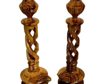 Stunning Pair Hand-Carved and turned Wood Twisty Design Candle Holders pair of 2