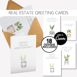 Tarjetas de felicitación inmobiliarias descargables / Paquete de 18 tarjetas / CANVA EDITABLE / Diseño de tarjeta moderna Happy Plants Home House Anniversary