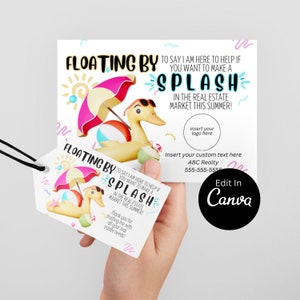 Op de afbeelding: Een witte vastgoedmarketingkaart en -label met een zomerthema. Het ontwerp toont een cartoon eend met zonnebril die op een zwemband drijft, met de woorden "Floating By" en "Splash". Bevat ruimte voor een logo en contactgegevens.