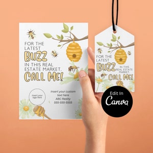 Customizable Bee Buzz Real Estate Pop By Tag | Downloadable Pop By | EDITABLE CANVA |  Summer Pop By Tag Spring Flowers Bumble Bees Tag