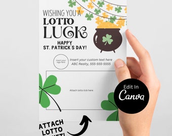 Anpassbare St Patricks Lotto Scheinkarte für Grundbesitz St Patricks Day | Herunterladbare Pop Von | EDITIERBARE CANVA | Postkarten zum Ausdrucken