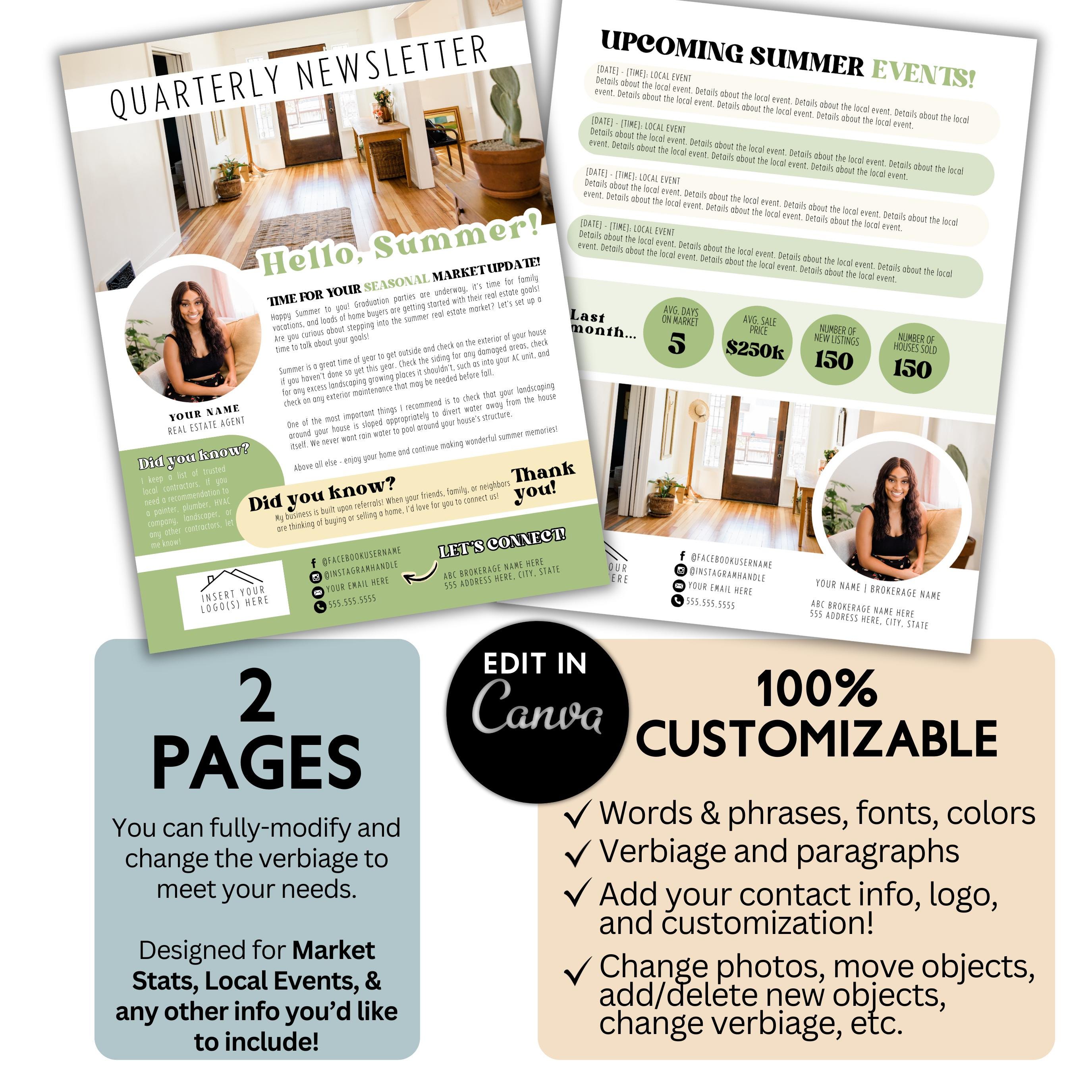 Customizable QUARTERLY NEWSLETTER for Prospecting Real Estate Clients ...