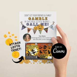 Personalizowana karta losu lotto | Friends Gamble Realtor | Halloween październik | Do pobrania Pop By | EDYTOWALNY CANVA | Pocztówki do wydrukowania