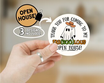 Sticker OPEN HUIS goodies, makelaar Halloween, Halloween-cadeautag, onroerend goed pop op label, spook komt langs, oktober grappig onroerend goed, koekje
