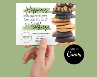 Customizable Real Estate Girl Scout Cookies Card | Downloadable Pop By | EDITABLE CANVA | Pop-By Tags Postcards Printable | Cookie Pop-by