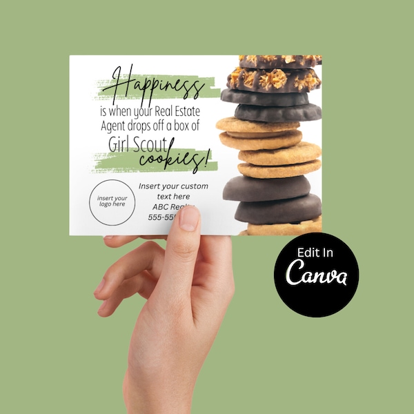 Customizable Real Estate Girl Scout Cookies Card | Downloadable Pop By | EDITABLE CANVA | Pop-By Tags Postcards Printable | Cookie Pop-by