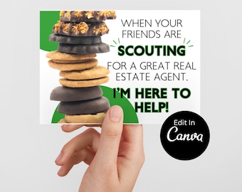 Tarjeta de galletas de Girl Scout para bienes raíces descargable / Pop By personalizable / CANVA EDITABLE / Etiquetas Pop-By Postales Imprimibles / Cookie Pop-by