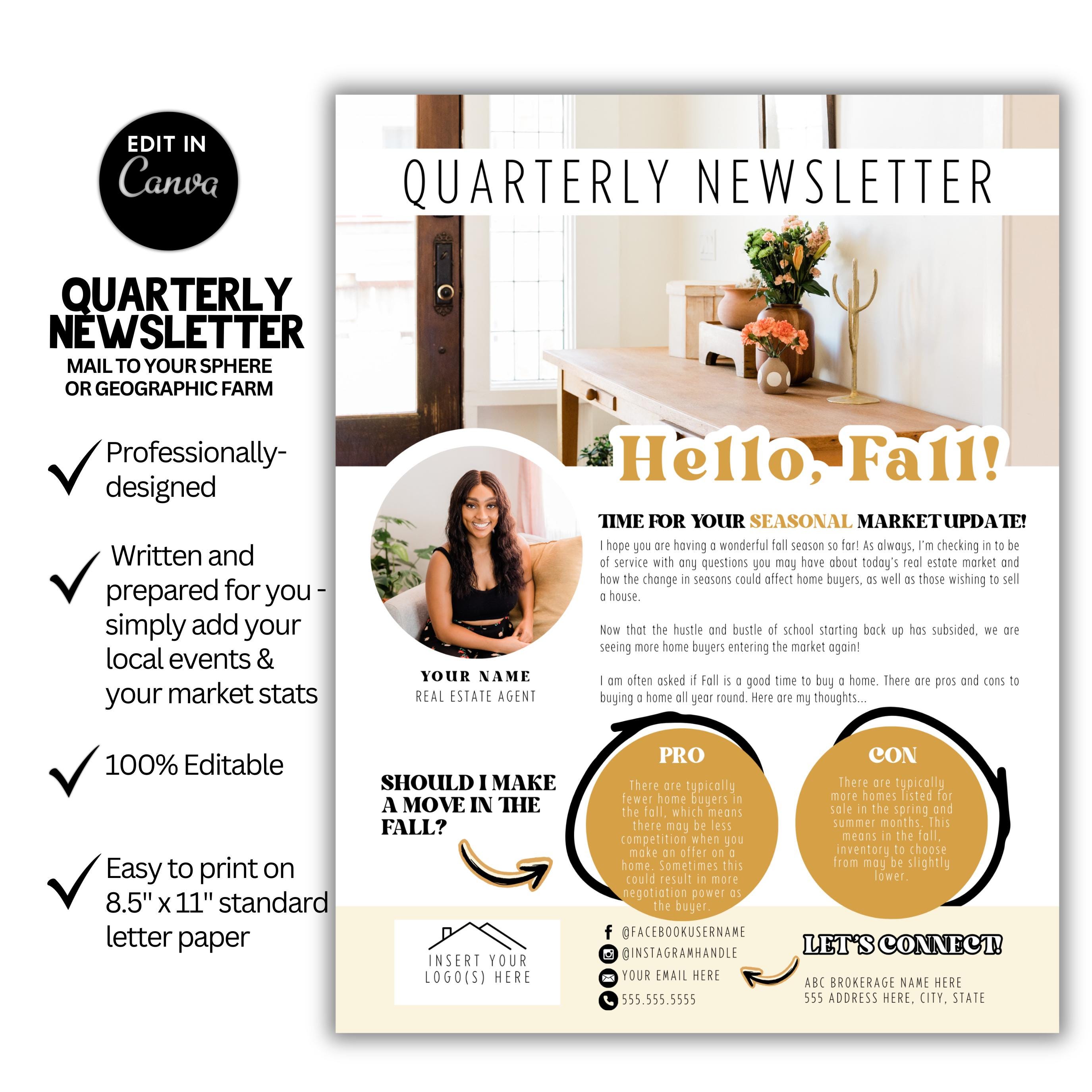 Customizable QUARTERLY NEWSLETTER for Prospecting Real Estate Clients ...