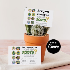 Aanpasbare onroerend goed pop-by-tag voor plant | Pop downloaden door | BEWERKBAAR CANVA | Lente-uitnodigingstag | Plantwortels april mei juni zomer