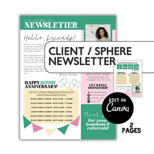 Könnte beinhalten: Eine zweiseitige Newsletter-Vorlage für Immobilienmakler. Die Vorlage verfügt über ein rosa-grünes Farbschema mit geometrischem Design. Der Text im Newsletter enthält die Wörter "Client/Sphere Newsletter", "Happy House Anniversary" und "Bleiben Sie verbunden!"