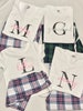 Personalised matching PJs / occasion bridal hen loungewear with short sleeved t-shirt and tartan trousers or shorts 