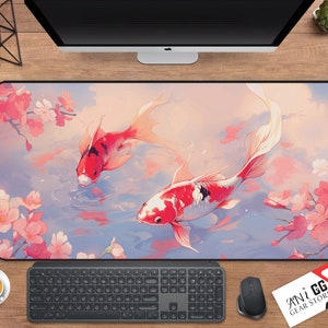 Japanese Koi Fish Desk Mat: Anime Sakura Blooms Mousepad