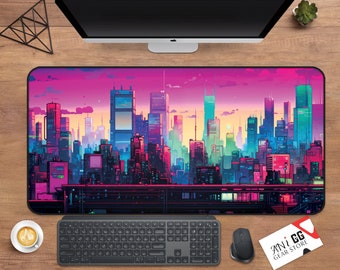 Cyberpunk City Skyline Schreibtischmatte: Retro Steampunk Pixel Art Mousepad