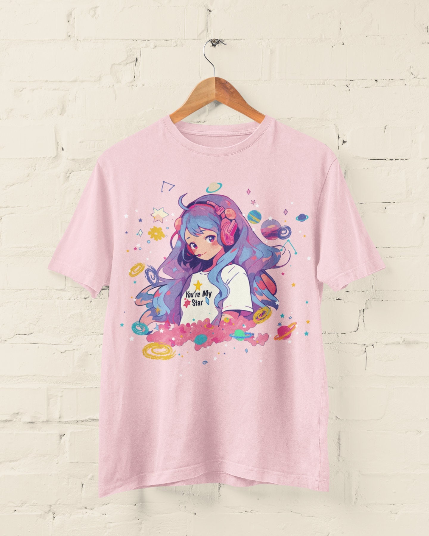 T-shirt Asymmetrical Neckline Slim-fitting Anime Girl Print Gray/White