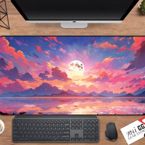 Pastel Pink Anime Desk Mat: Kawaii Moon Cloud Gaming Mousepad