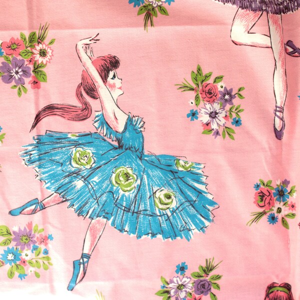 Vintage fabric piece, Pink ballerina fabric, Ballet fabric, Vintage 60s or 70s, Shabby chic, Pink roses