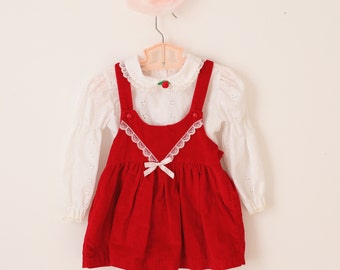 Vintage girls dress, Red and white lace, Velvet jumper, Vintage little girl dress, Toddler dress, 2T, 24 months