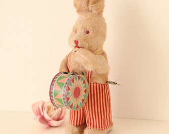 Vintage wind-up rabbit toy, Bunny with drum, Windup toy antique