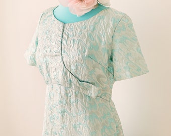 Vintage 1950s formal dress, MCM cocktail dress, Aqua blue, Brocade fabric, L/XL