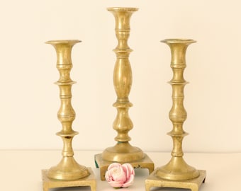 Vintage brass candlestick trio, Three candlesticks, Matching set brass candleholders